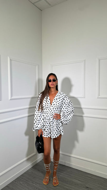 Jumpsuit a pois manica balloon Dafne bianca 80164