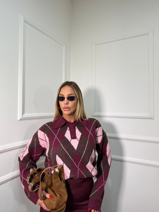 Pullover polo rombi Kelly bordeuax/cacao yhc7234