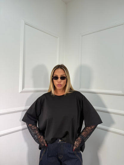 Maxi shirt con maniche in pizzo nera 110146