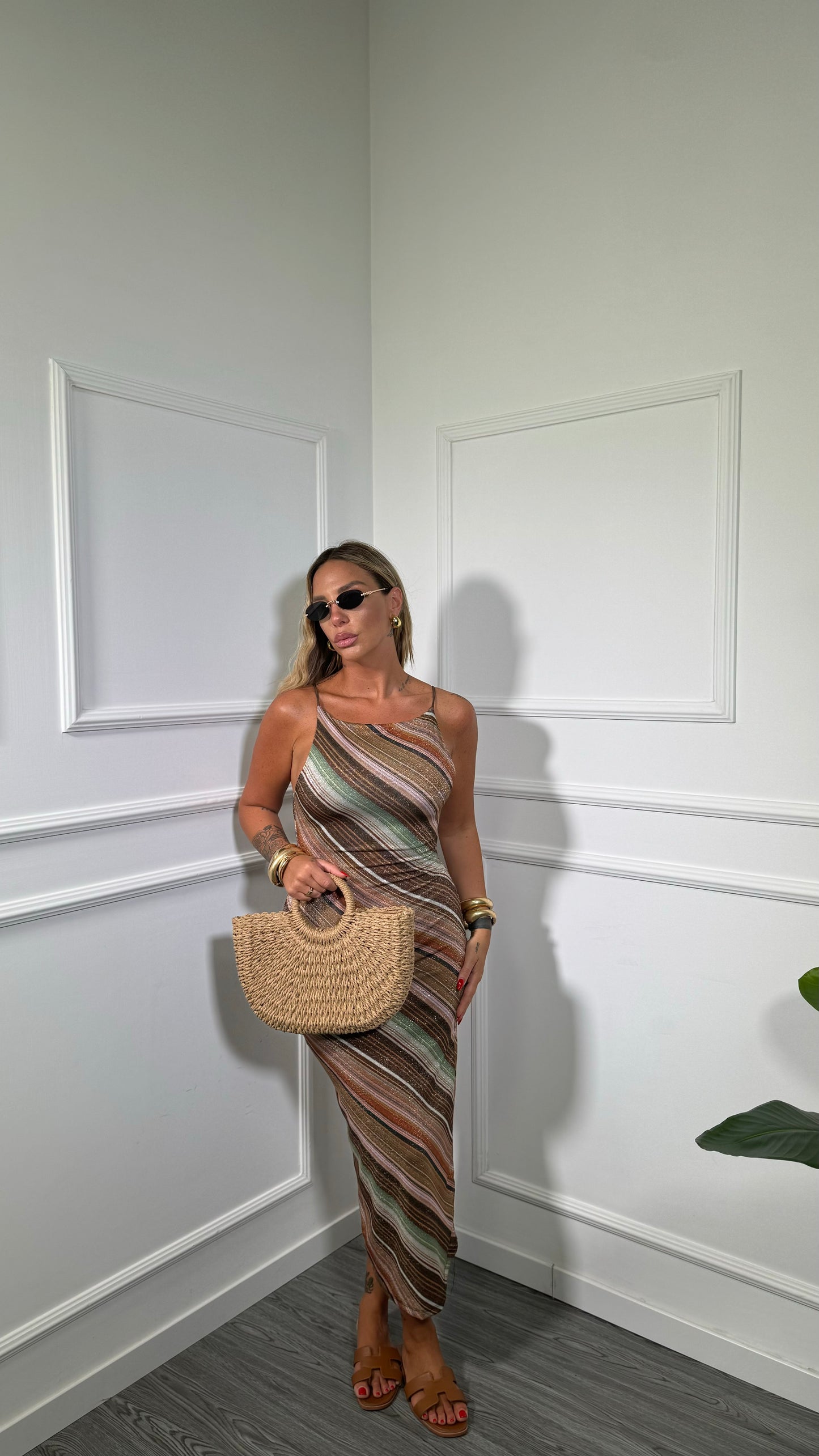 Abito midi in lurex Rainbow marrone