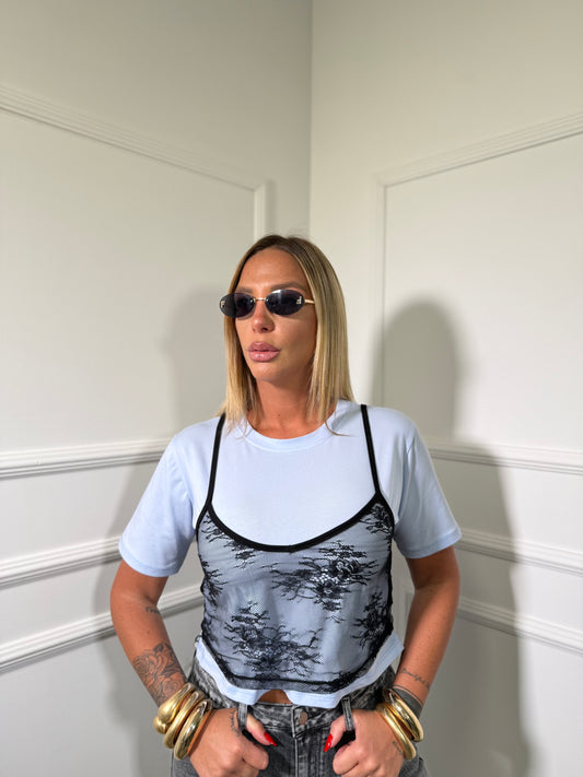 T-shirt con canotta in pizzo azzurra 66866