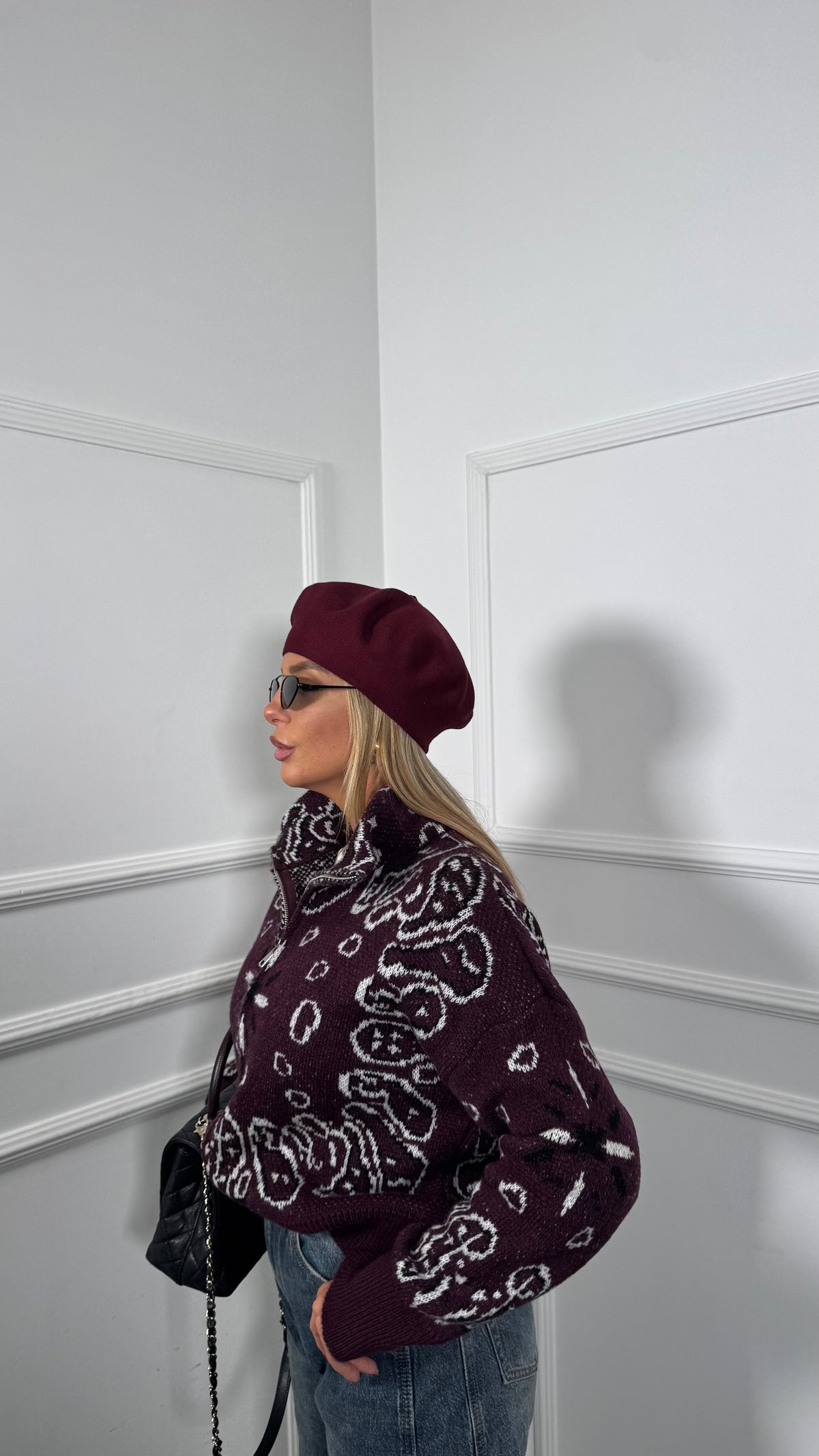 Cardigan misto lana con zip fantasia bandana borgogna