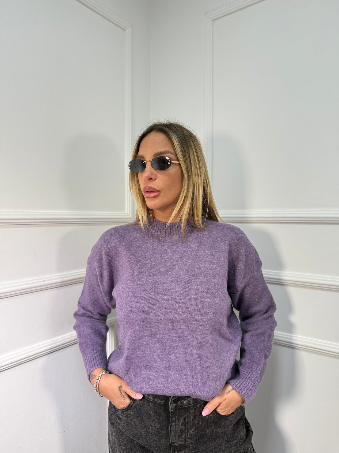 Pullover girocollo in misto lana viola 13