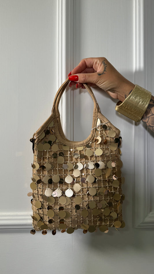 Mini bag eco camoscio con macro paillettes champagne