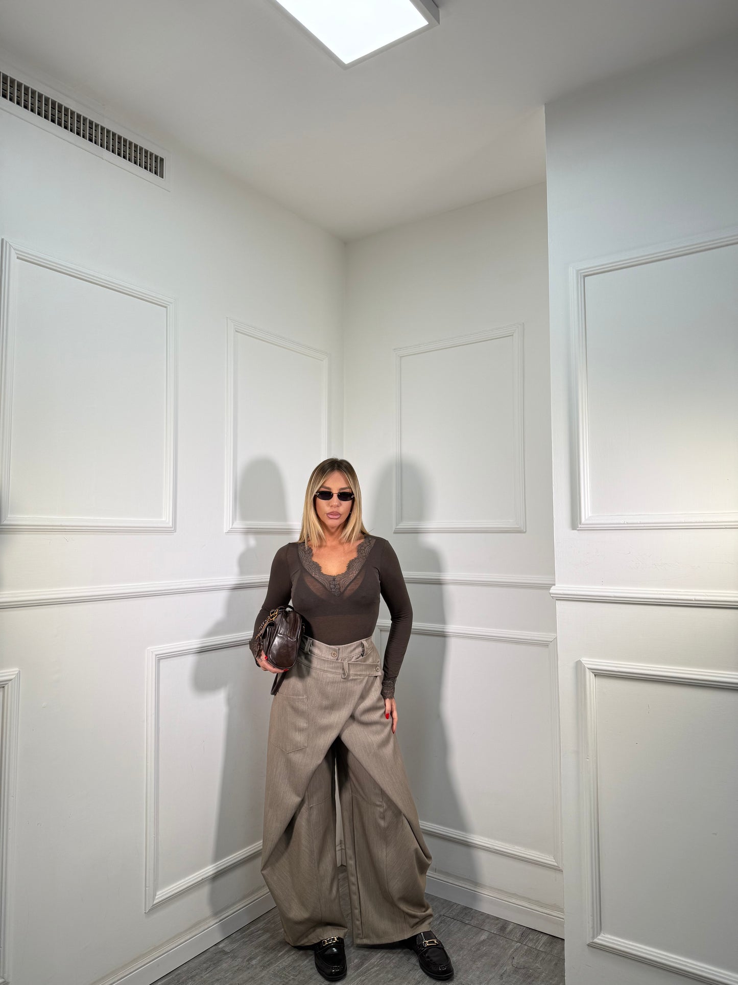 Pantaloni balloon doppio bustino asimmetrico Tokyo taupe nf9251