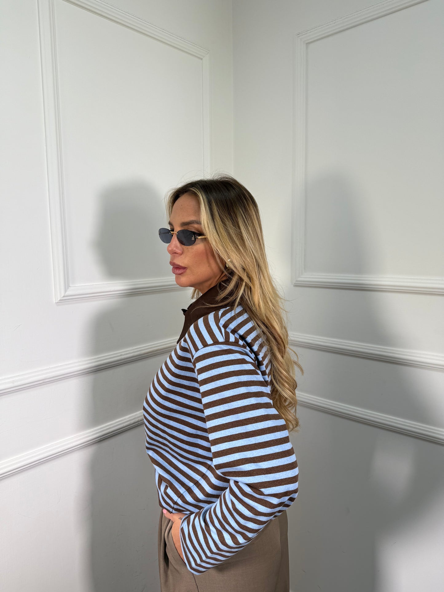 Polo a righe in cotone City azzurra/cacao 22645