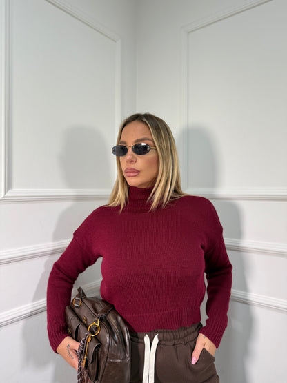 Pullover crop collo alto in maglia bordeaux 022469