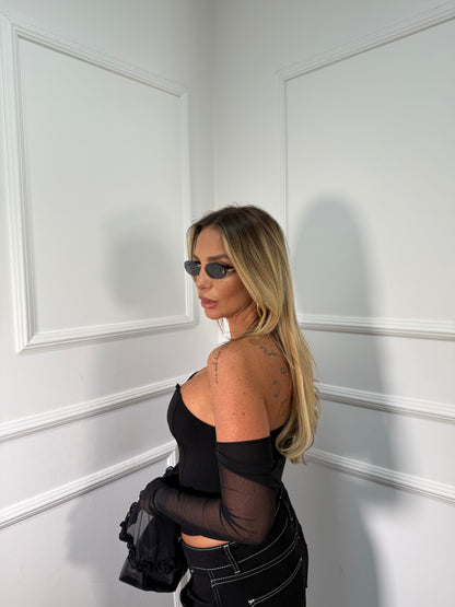 Bustier stringato con maniche velate Karol nero 9190