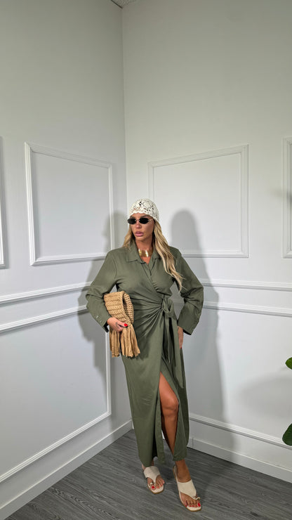 Abito midi portafoglio in lino (curvy) con spalline Brusco verde militare 001586