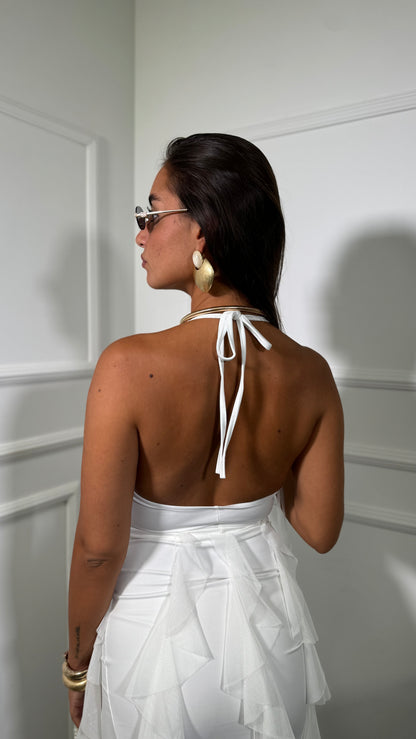 Abito midi in lycra con voilant Abraxas bianco V-20331