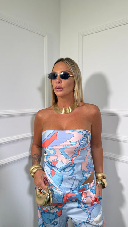 Coordinato in satin Pucci azzurro 5878