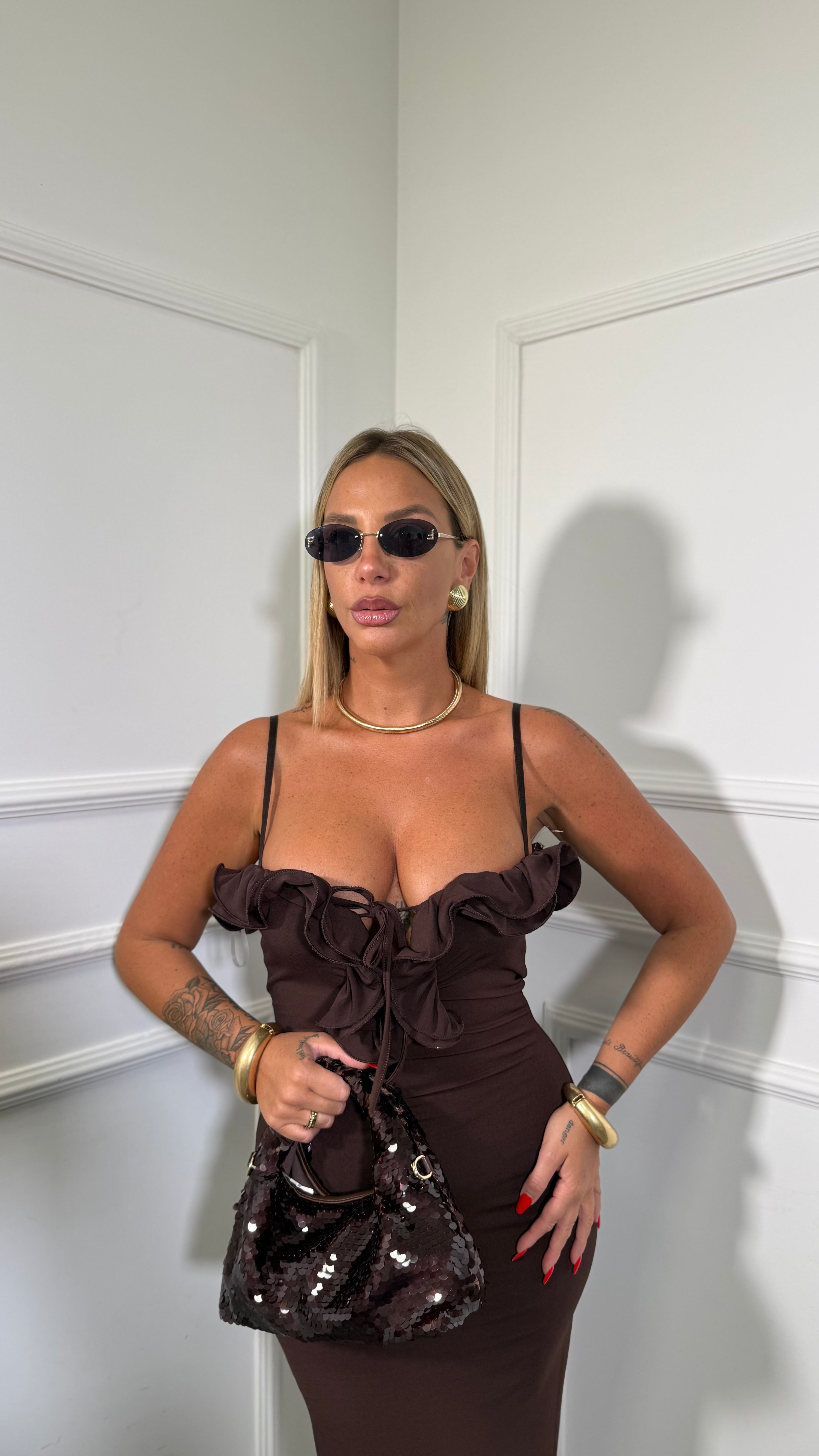 Abito lungo in lycra Nicole con rouges cioccolato