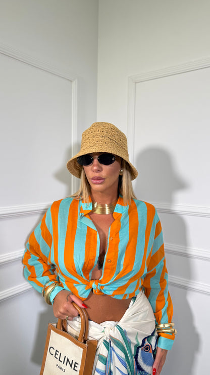Camicia semi velata a righe larghe collo coreana verde acqua/arancio 6568