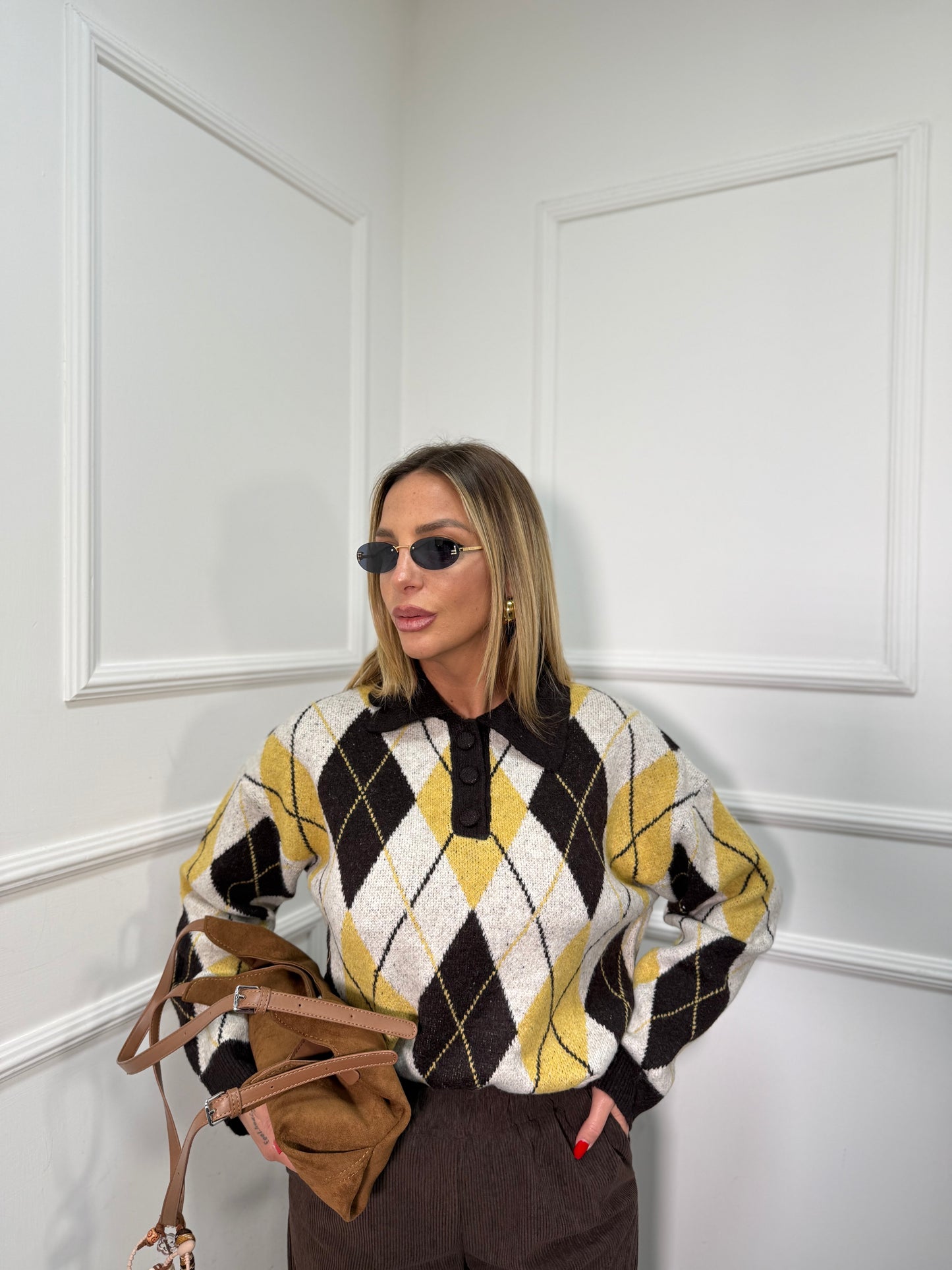 Pullover polo rombi Kelly giallo/cacao yhc7234