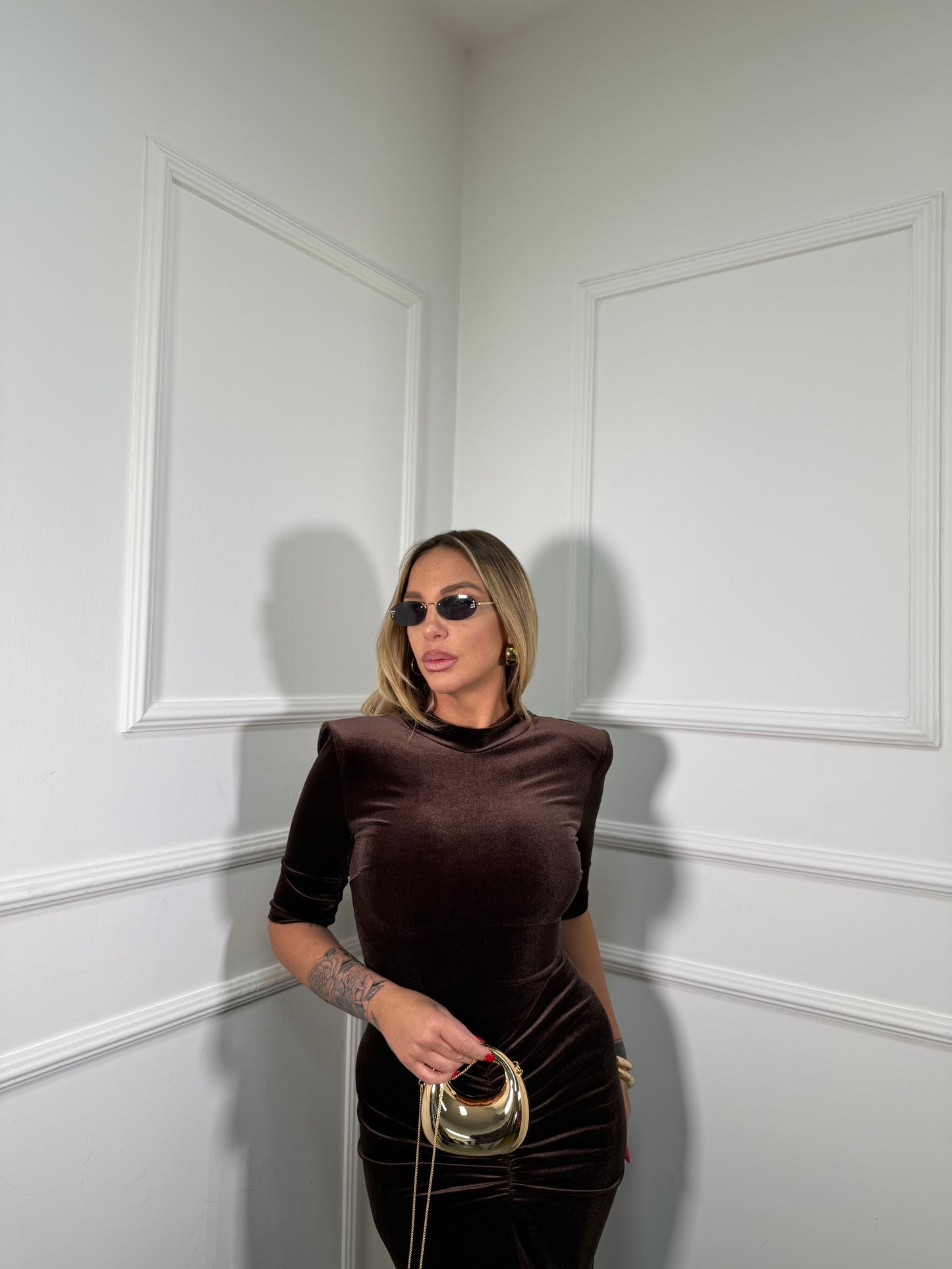 Abito midi in velluto collo alto Jasmin cacao 27393