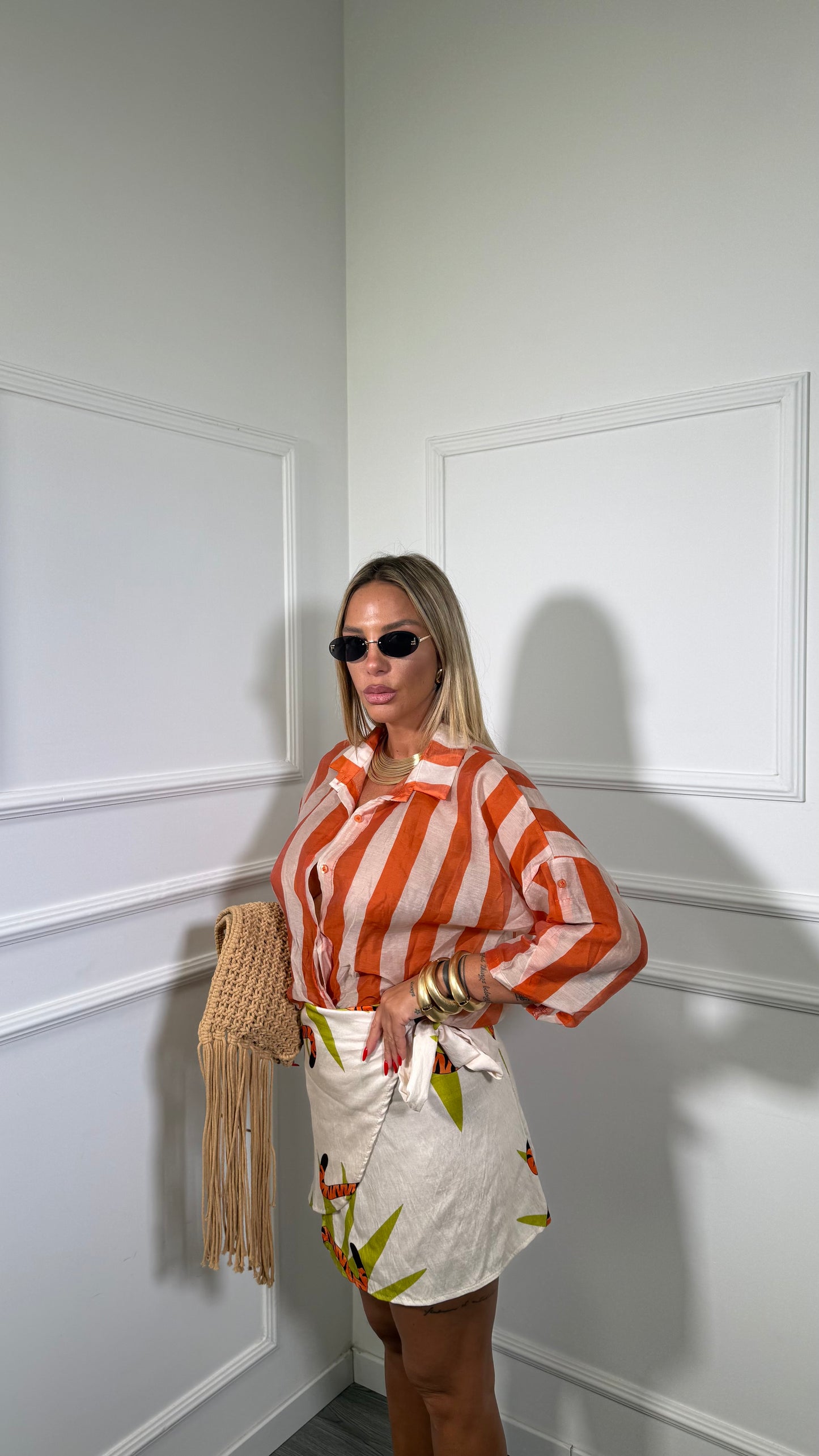 Camicia con colletto semi velata a righe Astrid panna/arancio n728712