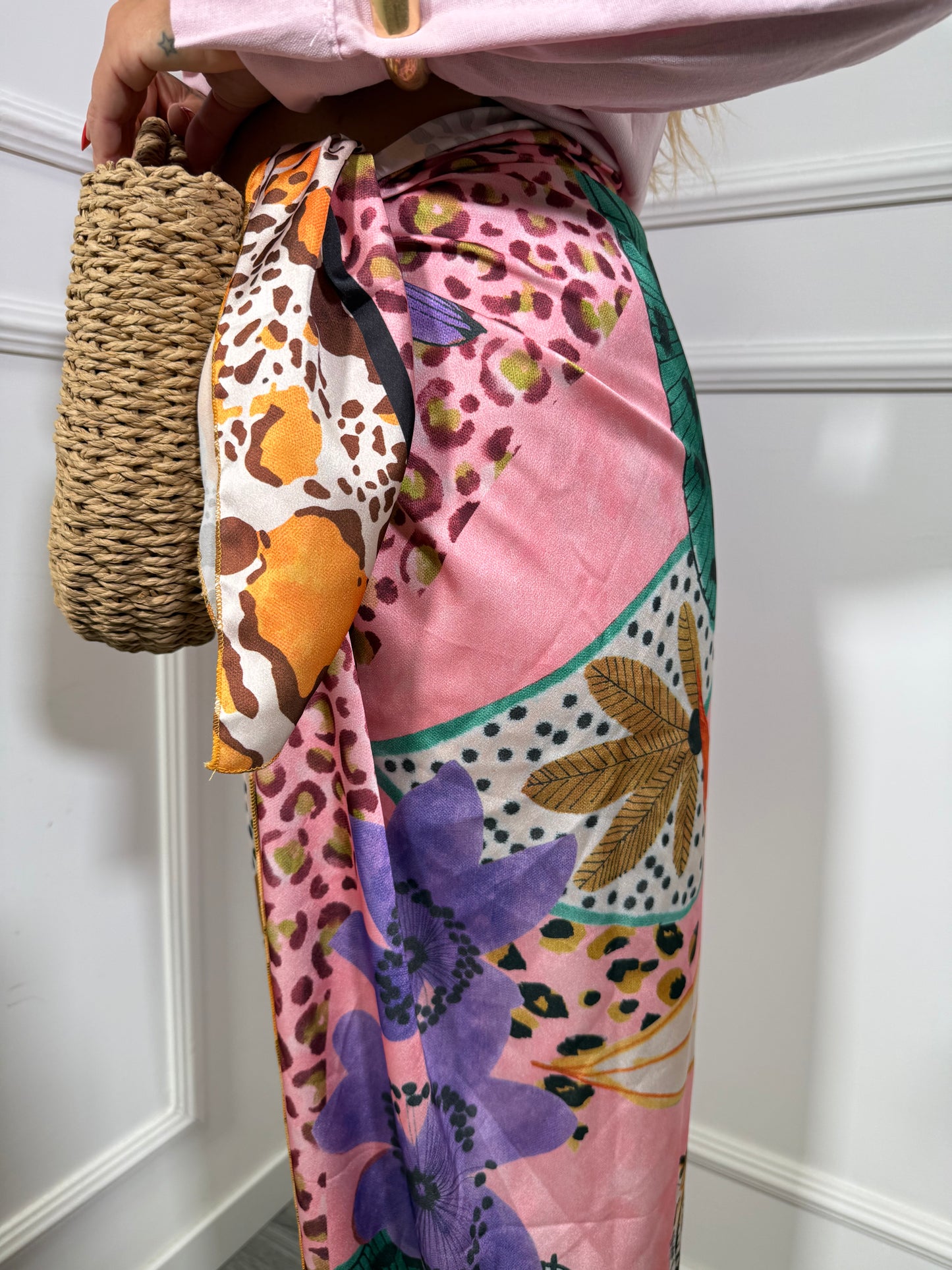 Gonna pareo in satin maculata rosa/arancio c805-57