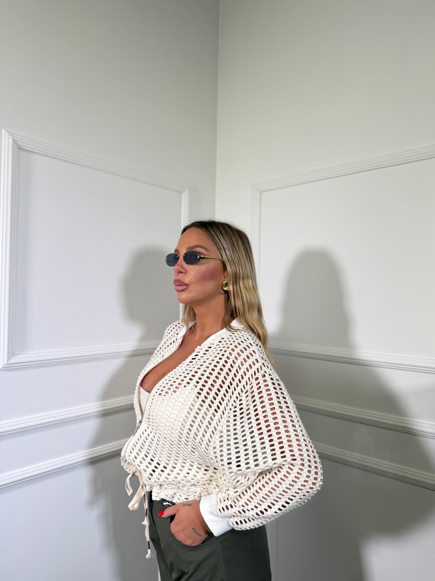 Giacca con zip traforata sabbia 91482