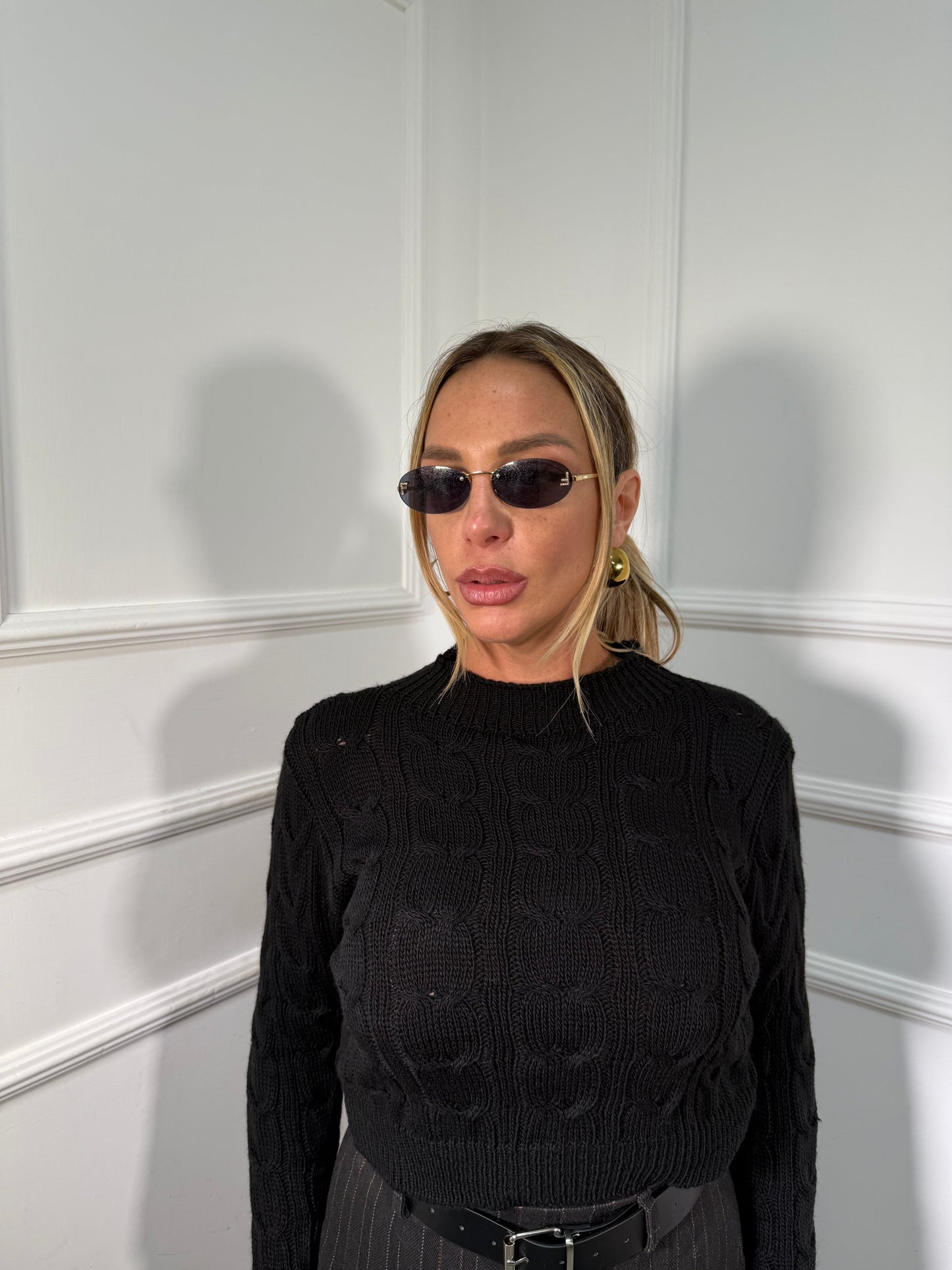 Pullover mezzo collo con trecce nero 022459