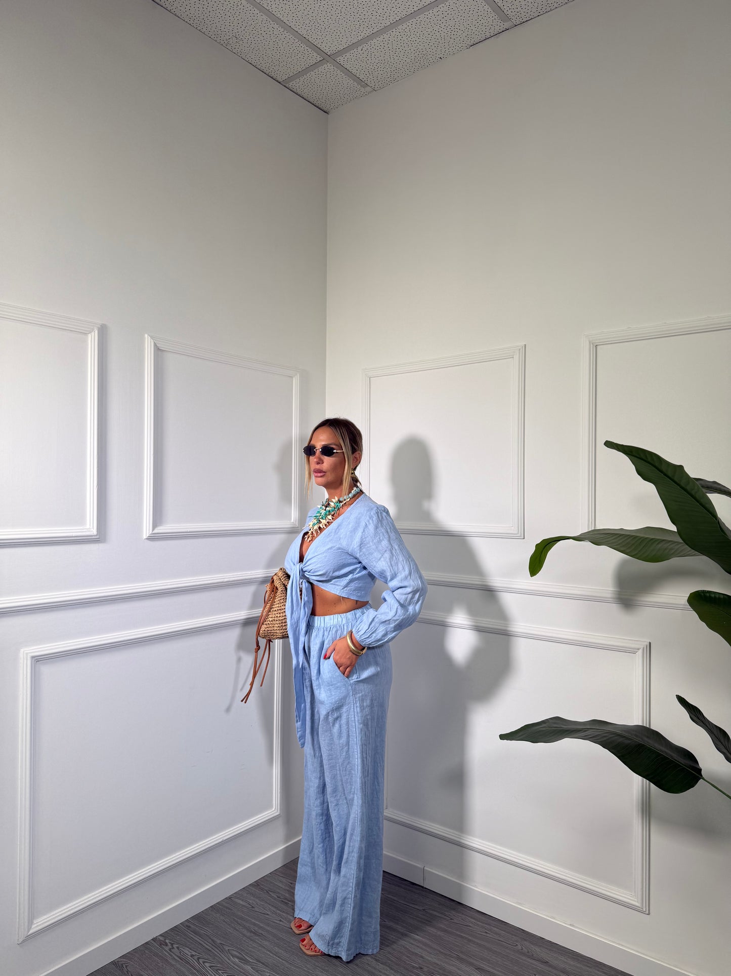 Coordinato 100% lino Cumeya azzurro hp8767-1