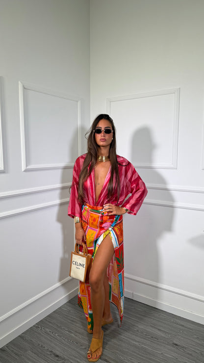 Gonna pareo lunga in cotone multicolor arancio/fucsia