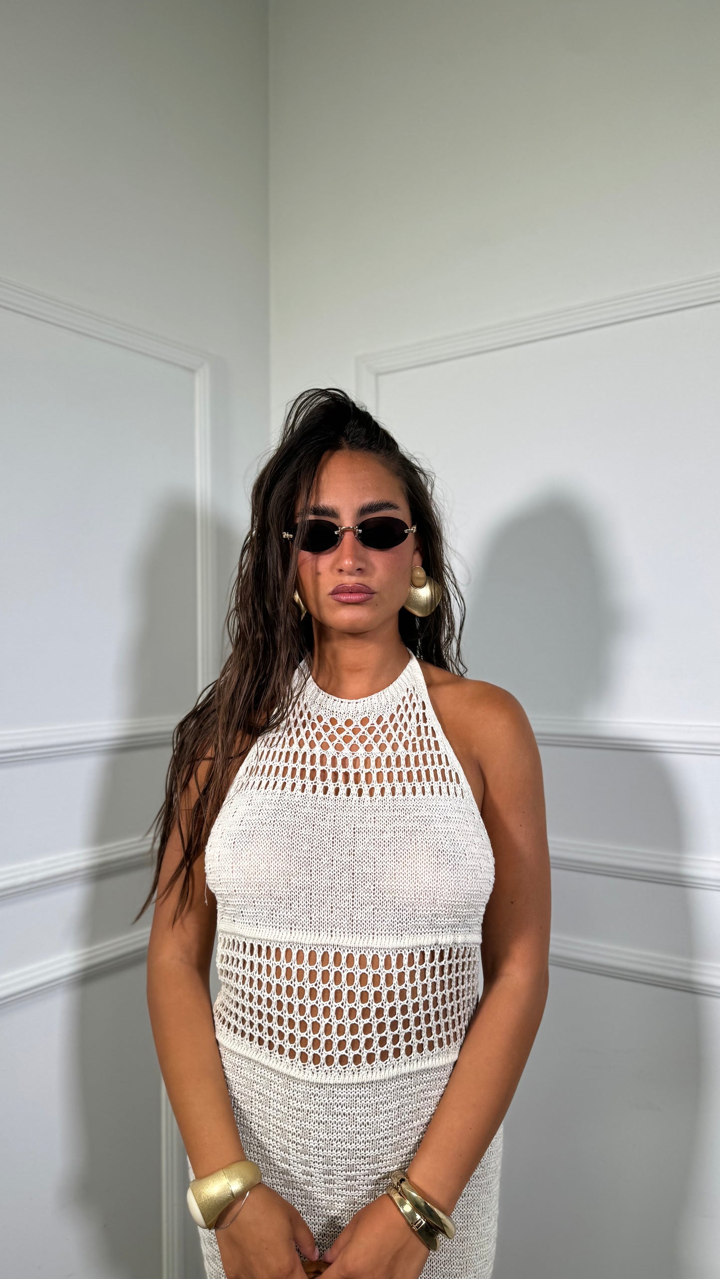 Abito midi in macramè con frange Kyra canapa 4352