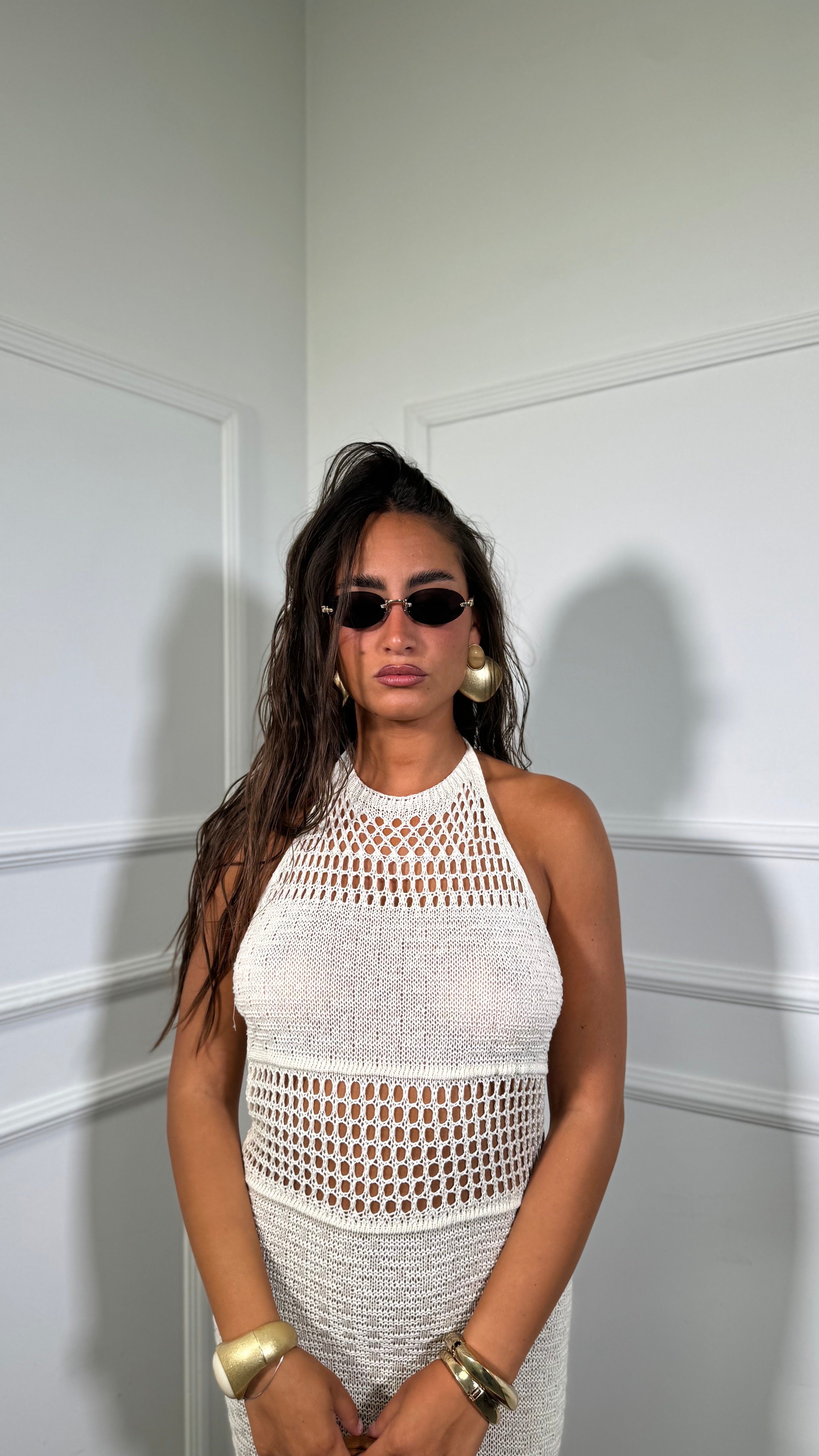 Abito midi in macramè con frange Kyra canapa 4352