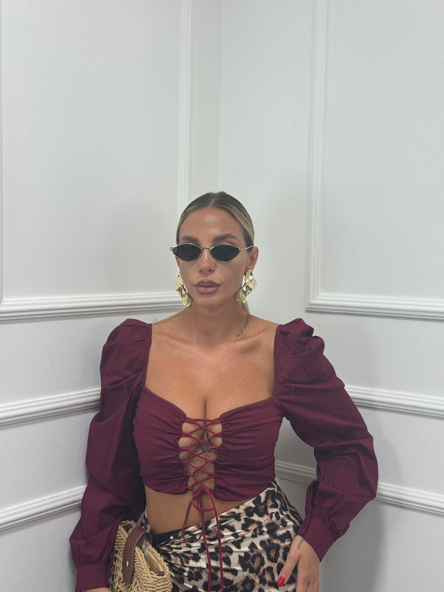 Top in cotone stringato bordeaux