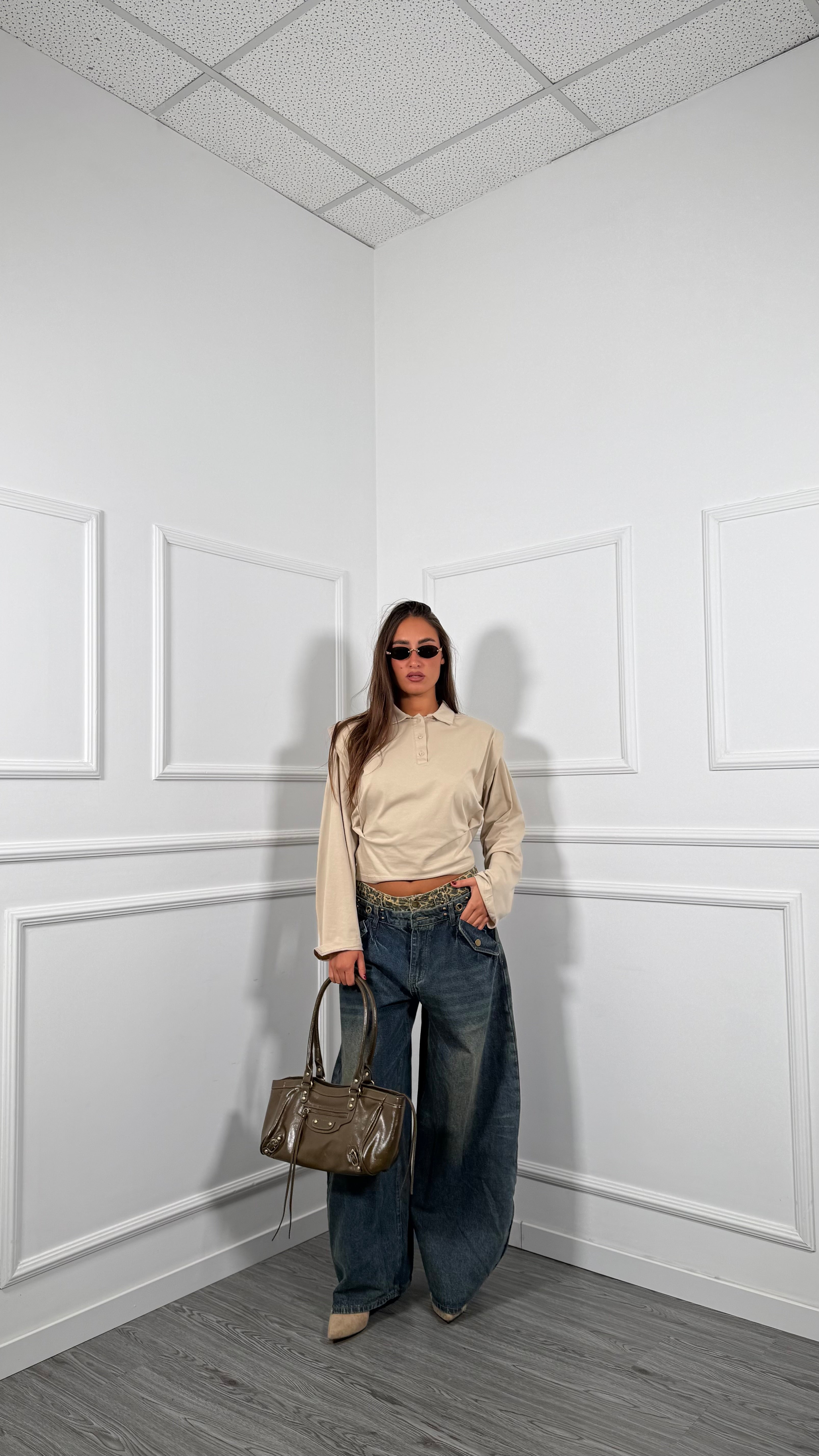 Jeans palazzo balloon con doppio bustino maculato 91122