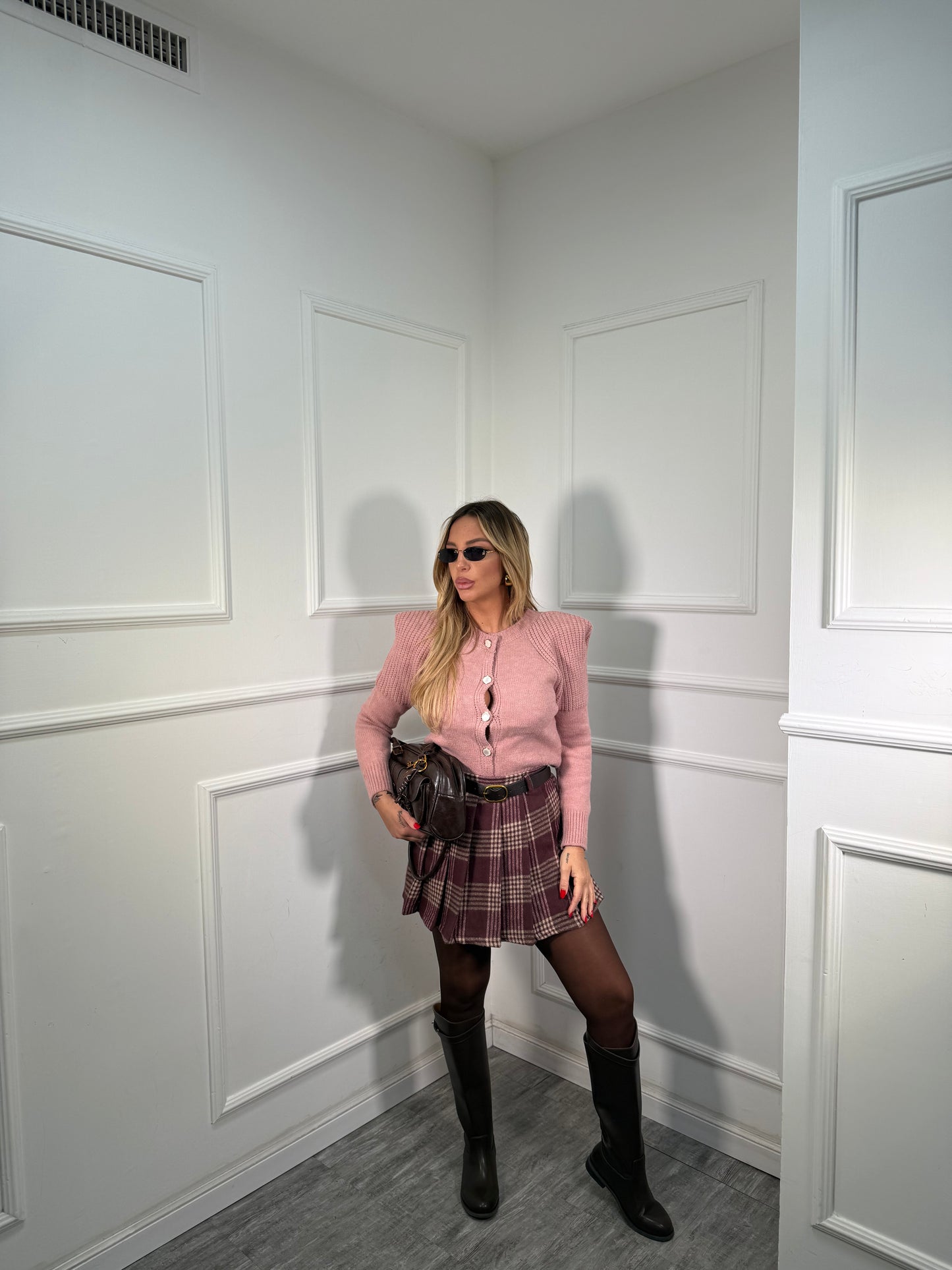 Pantagonna in flanella a pieghe con cintura bordeaux 25719