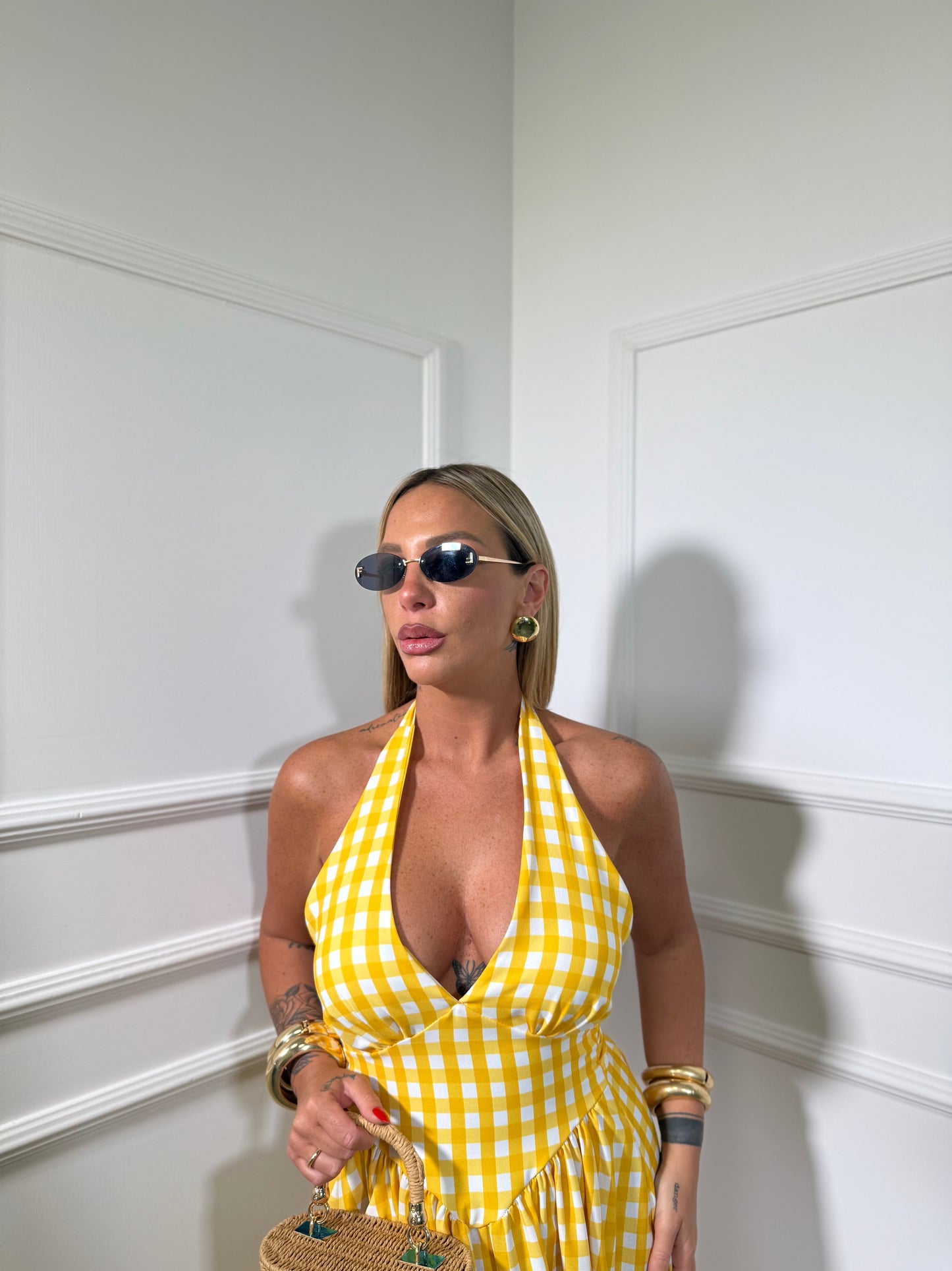 Abito midi a quadri Monroe giallo 27908