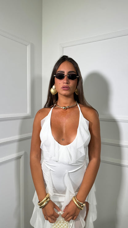 Abito midi in lycra con voilant Abraxas bianco V-20331