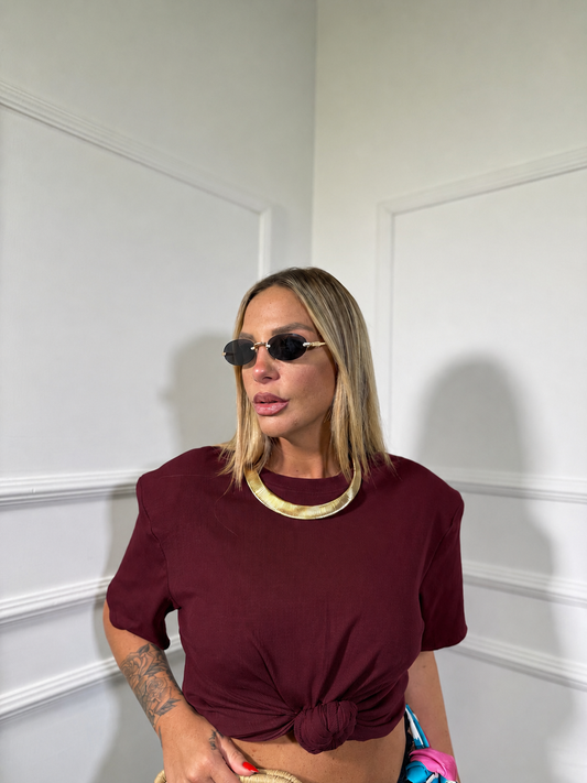 T-shirt crop con nodo e spalline bordeaux h25004