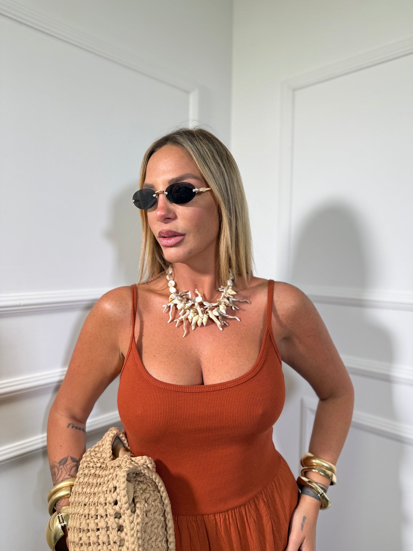 Abito midi in cotone con top a costine coccio  26705