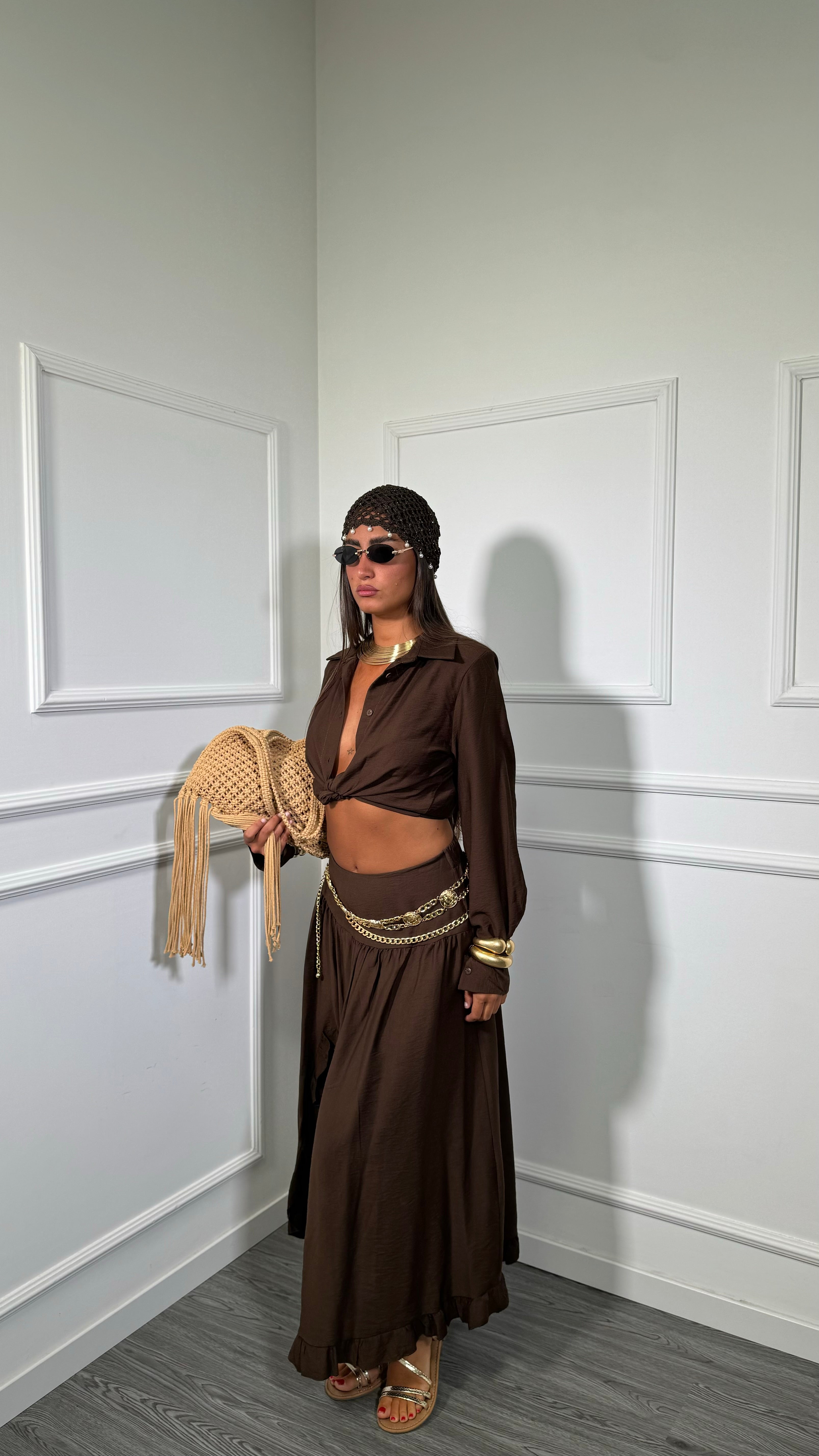 Coordinato con spalline misto lino Gisela cioccolato 7126