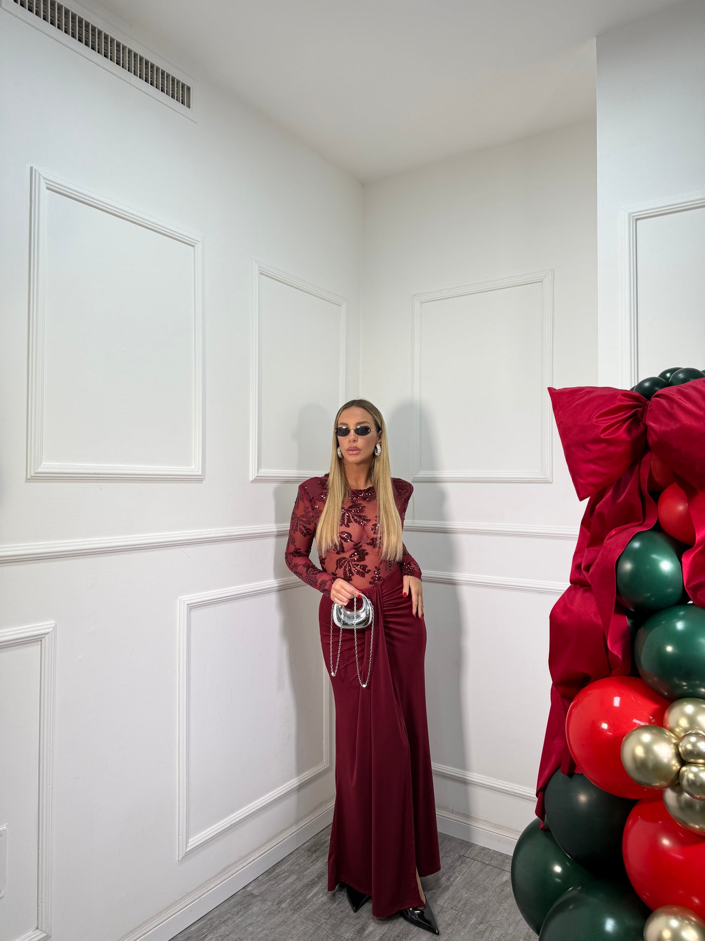 Abito midi con paillettes Samira bordeaux 12295