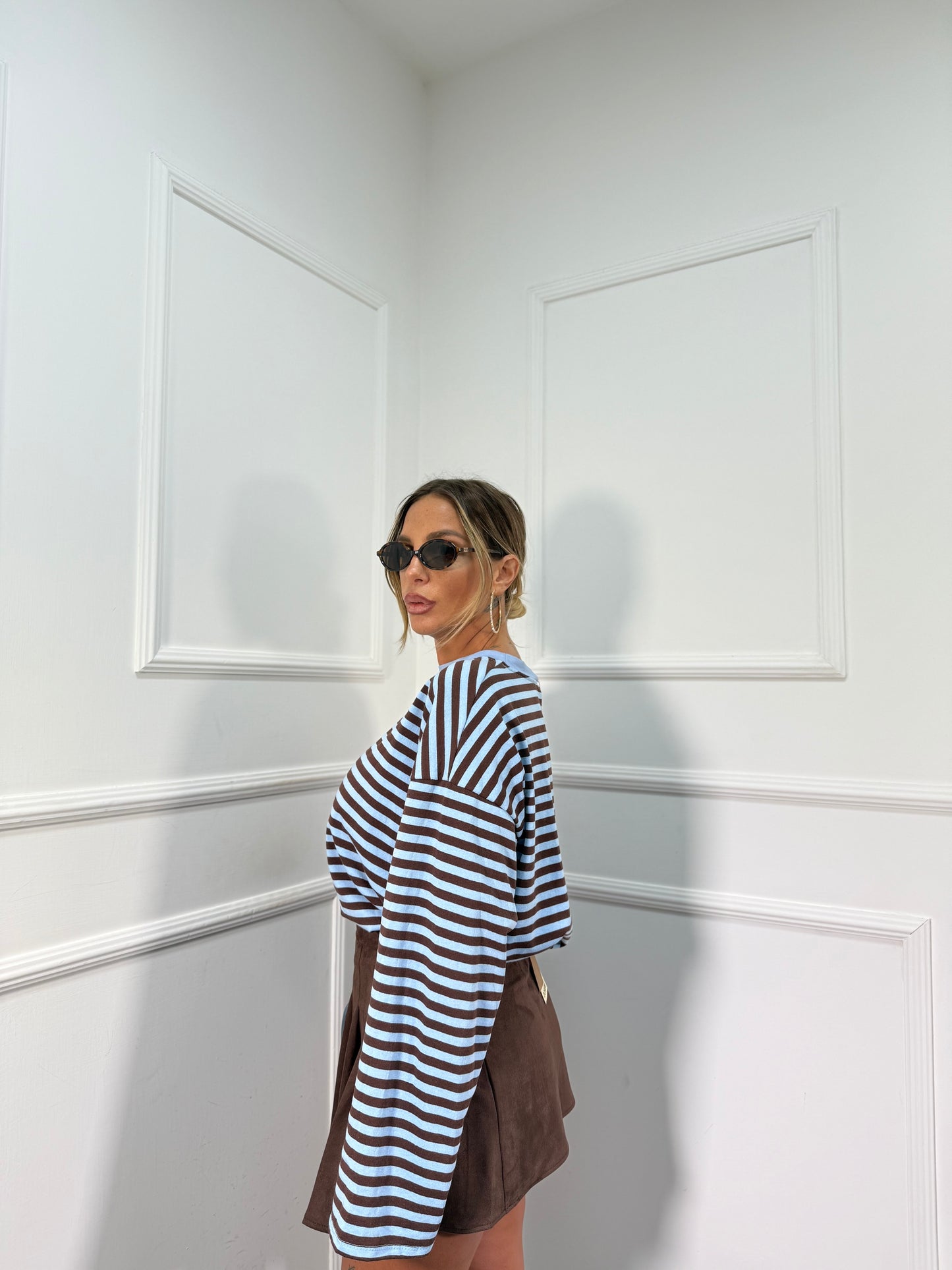 Shirt in cotone garzato manica campana Cindy azzurra/cacao f1109