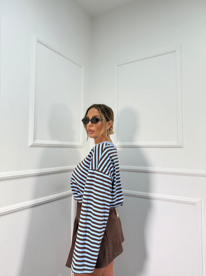 Shirt in cotone garzato manica campana Cindy azzurra/cacao f1109