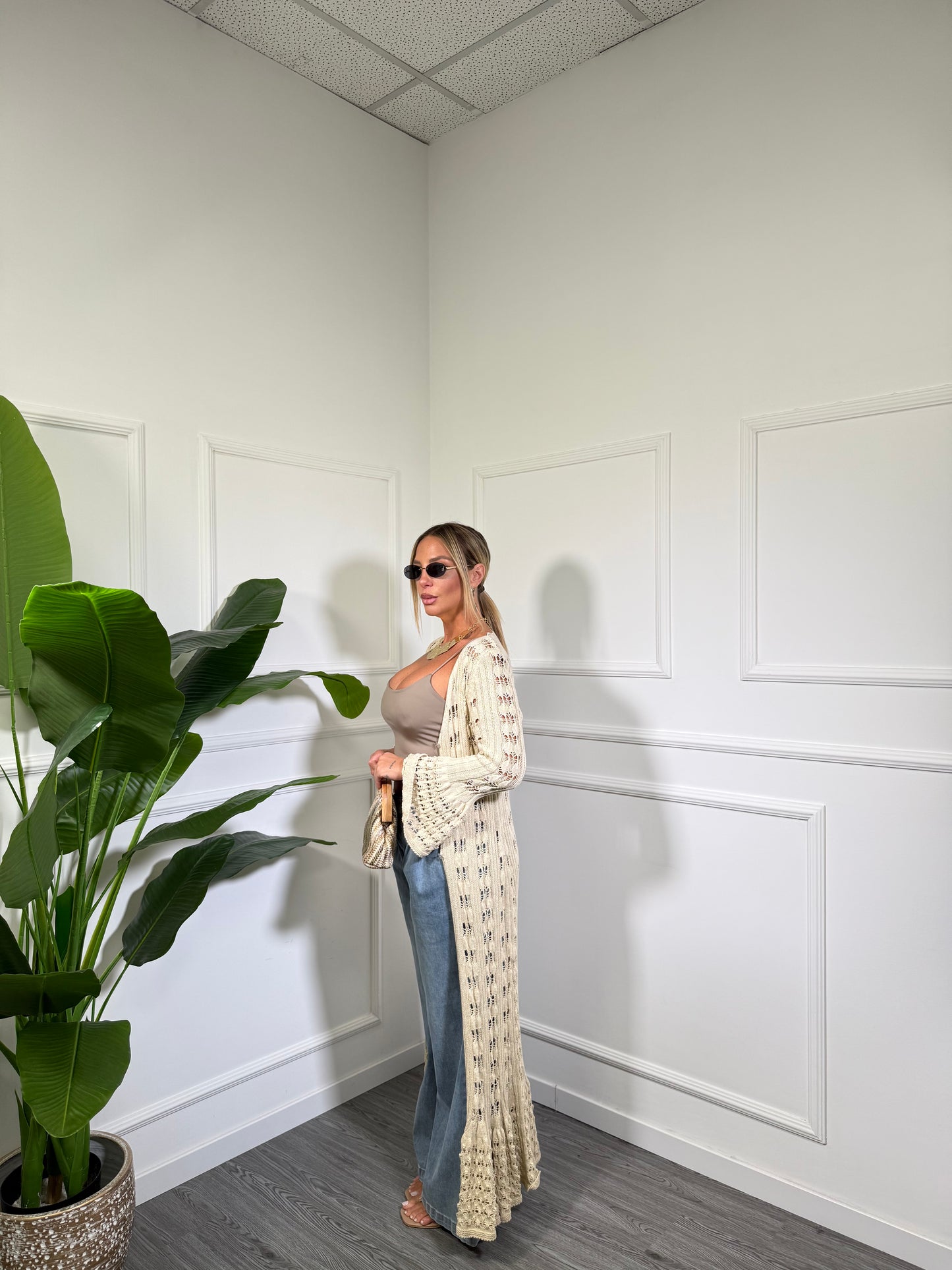 Maxi cardigan in filo Mykonos sabbia 3676