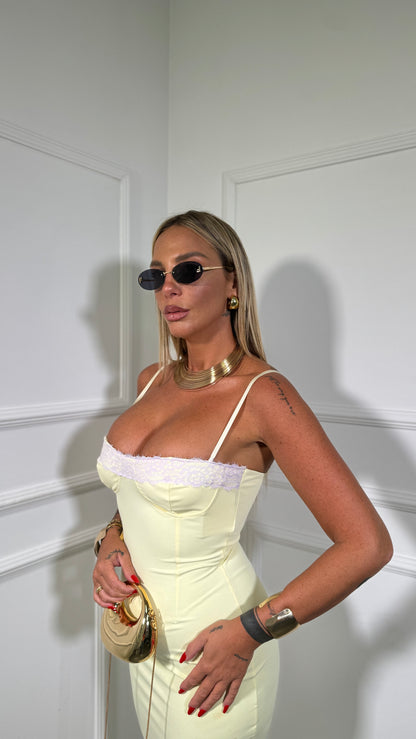 Abito lungo in lycra con pizzo Kendra giallo