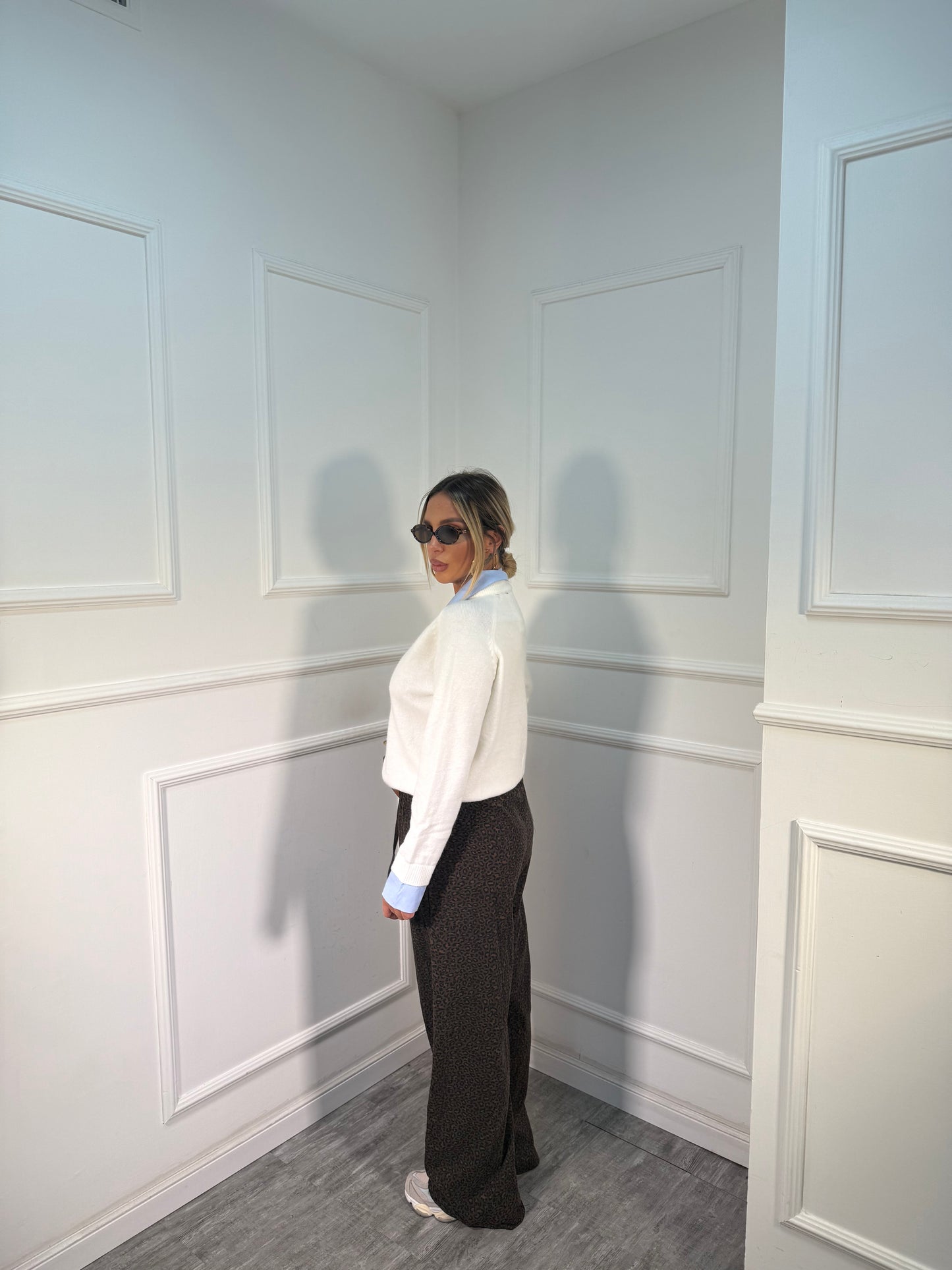 Pantaloni palazzo micro costine maculato marrone 24205