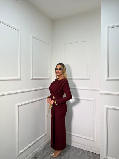 Abito midi drappeggiato con nodo Megan bordeaux 4300