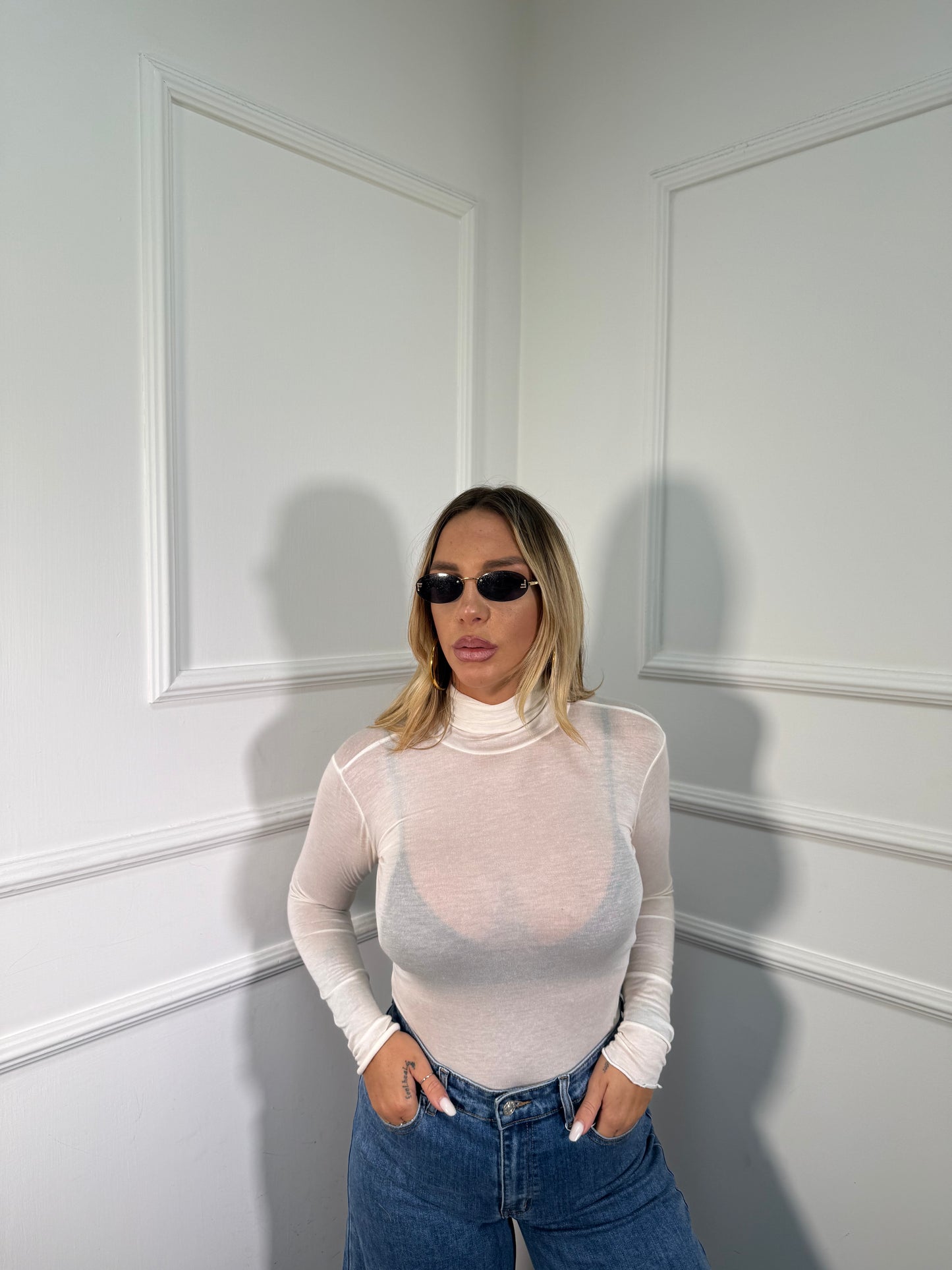 Shirt semi velata collo alto Jolly panna misto cashmere  28029