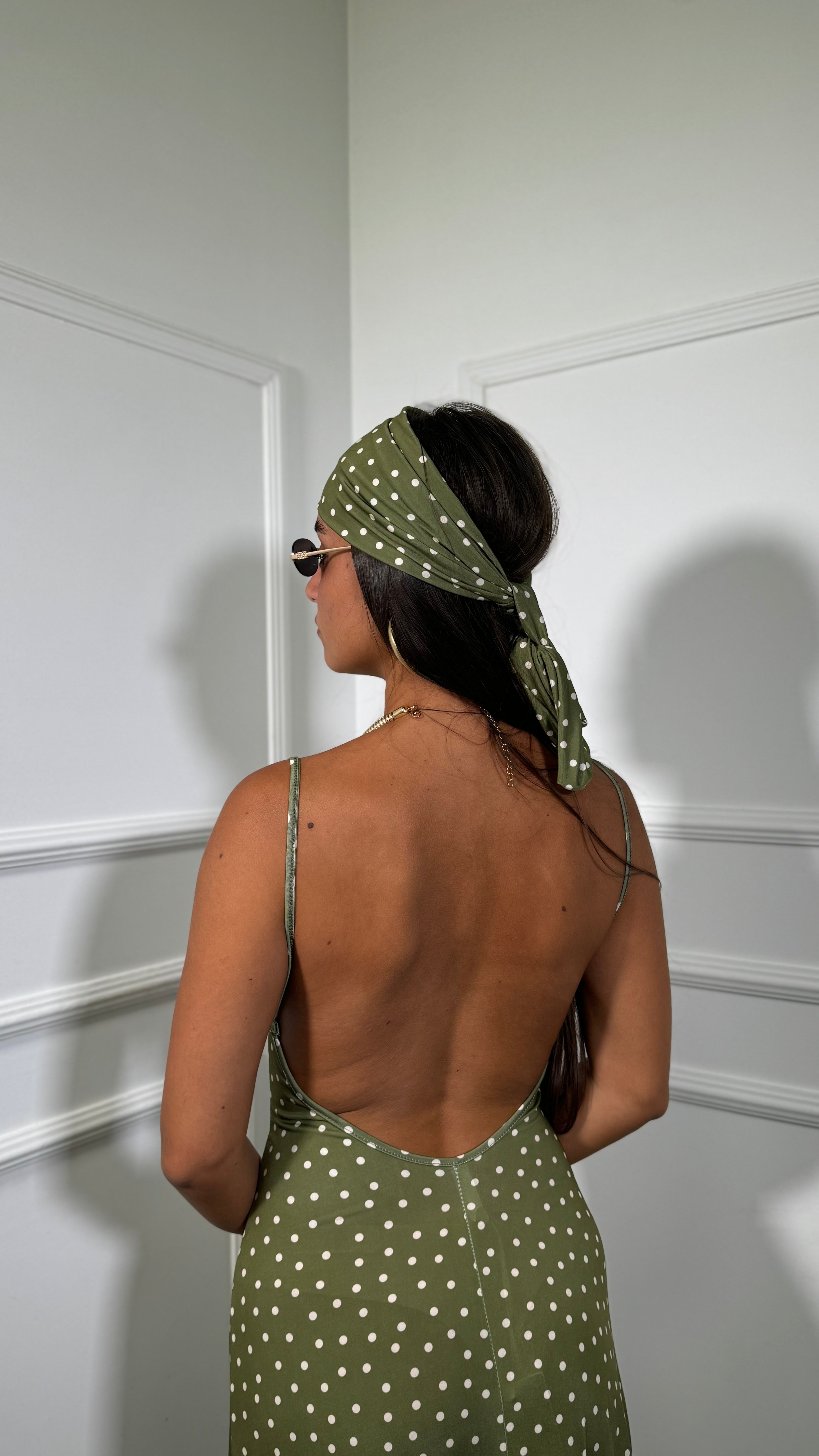 Abito midi in lycra a pois con fusciacca Kalispera verde avocado 6008