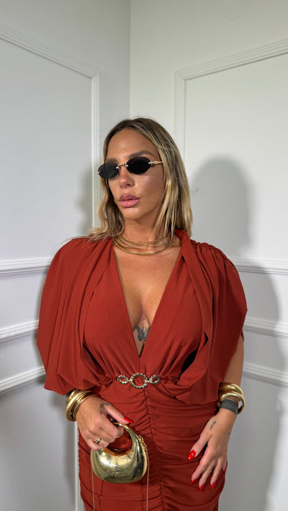 Abito midi drappeggiato (curvy) coccio