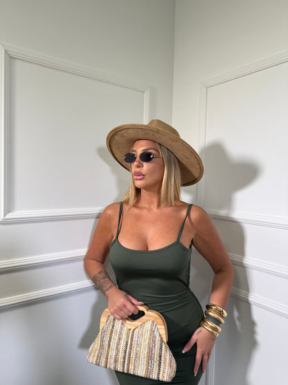 Abito midi in lycra scollo sul retro verde militare 26891