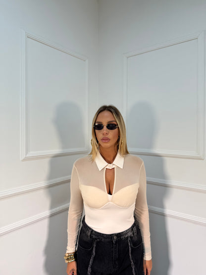 Shirt polo scollo a goccia panna rtt59160