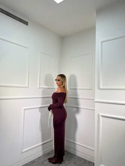 Abito midi in lycra scollo a barca Nilufar borgogna 13351