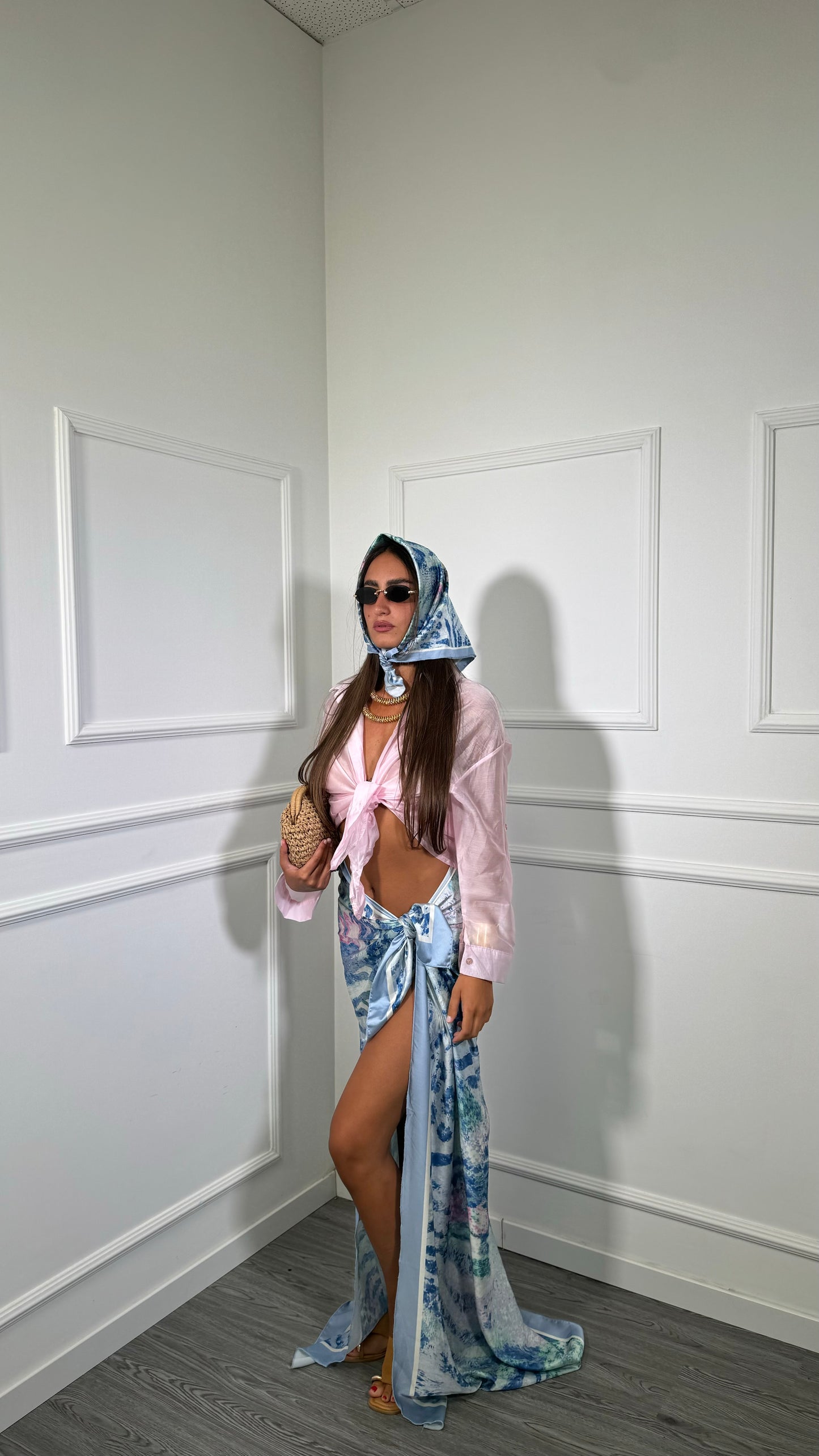 Pareo + bandana in satin Portofino azzurro