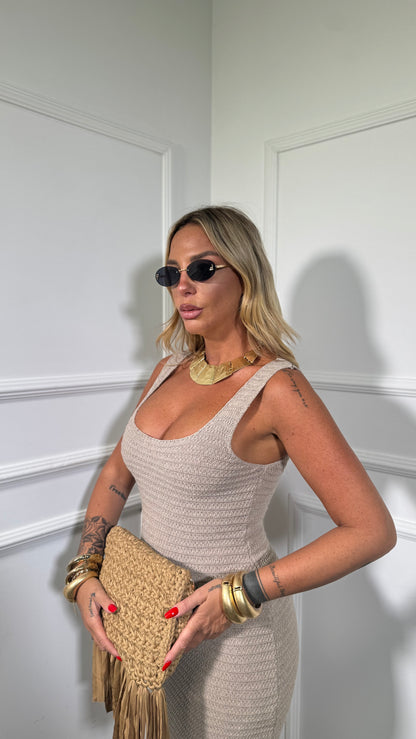 Abito midi in crochet scollo squadrato Dominique taupe